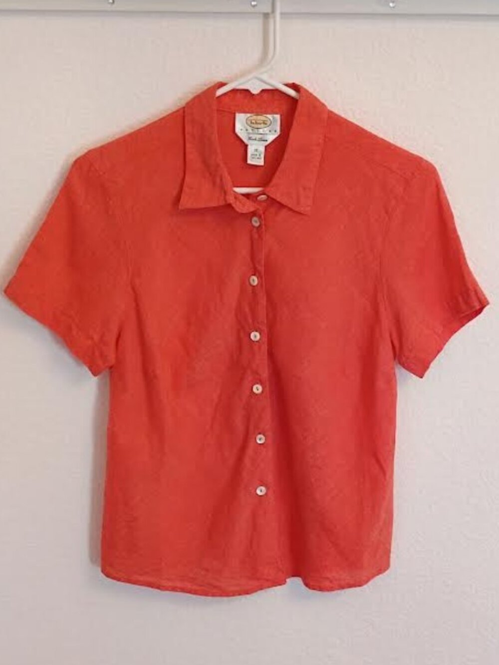 TALBOTS PETITES WOMEN'S TOP DARK COLOR SHORT SLEEVE BUTTON UP IRISH LINEN 12